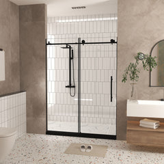 Frameless shower door 44-48 "W x 76" H, 1/4 "(6 mm) Clear Tempered Glass, Explosion Proof Film, Stainless Steel Handle, Matte Black