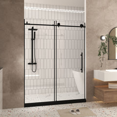 Frameless shower door 44-48 "W x 76" H, 1/4 "(6 mm) Clear Tempered Glass, Explosion Proof Film, Stainless Steel Handle, Matte Black