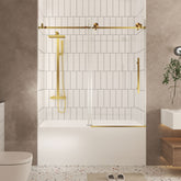 Frameless shower door 56-60 "W x 60" H, 1/4 "(6 mm) Clear Tempered Glass, Explosion Proof Film, Stainless Steel Handle,Brushed Gold