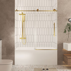 Frameless shower door 56-60 "W x 60" H, 1/4 "(6 mm) Clear Tempered Glass, Explosion Proof Film, Stainless Steel Handle,Brushed Gold