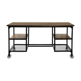 Modern Traditional Aesthetic 1pc Writing Desk with 4x Shelves Metal Casters Natural Finish and Rustic Black Metal Finish