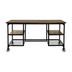 Modern Traditional Aesthetic 1pc Writing Desk with 4x Shelves Metal Casters Natural Finish and Rustic Black Metal Finish