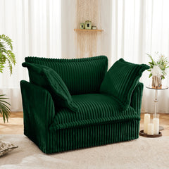 Slip-covered Armchair with 1 Big Back Cushion and 2 Big Toss Pillows, Single Deep Seat Comfy Single Couch Sofa Multiple Large Soft Pillows, Green Corduroy Fabric