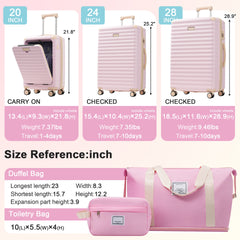 Luggage Sets 5 Piece with Front Opening , Hardside Expandable Carry on Suitcase with Spinner Wheels TSA Lock USB Port Cup Holder Duffel Bag and Toiletry Bag