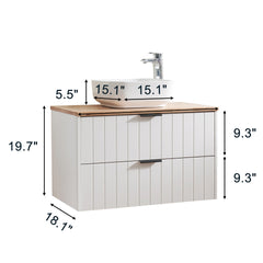 32-Inch Double Drawer Wall-Mounted Bathroom Vanity,White Cabinet + Solid Wood Natural Top,Square Art Ceramic Sink ,Modern Minimalist Design, Combining Functionality and Style