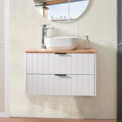32-Inch Double Drawer Wall-Mounted Bathroom Vanity,White Cabinet + Solid Wood Natural Top,Square Art Ceramic Sink ,Modern Minimalist Design, Combining Functionality and Style
