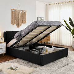 Queen Size Storage Upholstered Hydraulic Platform Bed with Integrated Headboard, Chenille Fabric, Black