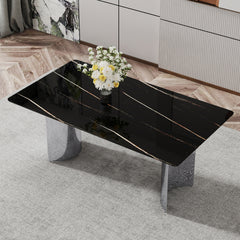 Modern minimalist dining table. The black imitation marble glass desktop is equipped with silver metal legs. Suitable for restaurants and living rooms 71 "* 39.3" * 29.5 ".W1151S00581
