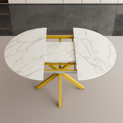 Modern and simple round dining table with extendable blades, carbon steel X-shaped base, sturdy and durable, suitable for restaurants, small apartments and kitchens (can accommodate 4-6 people)