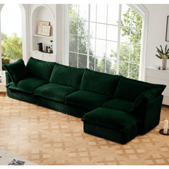 Slipcovered L Shape Sectional Long Sofa Couch, 4 Seater Sofa with Suppleness Armrests,Deep Seat Sofa with 2 Big Pillows, Comfy Couch for Living Room, Apartment, Green Corduroy Fabric
