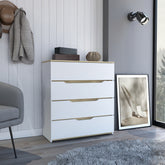 Dresser Oboe, Superior Top, Four Drawers, White / Light Oak Finish