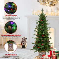 4FT Pre-Lit Green Christmas Tree with Glitter Base – 100 Multicolor LED Lights, 396 Tips, Red Berries & Pine Cones, PE/PVC Full Branches, Festive Light-Up Pot