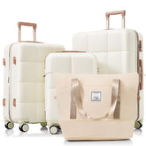 Luggage Sets 4 Piece, ABS Durable Suitcase with Travel Bag, Cup Holder, ABS Hard Shell Luggage with Spinner Wheels, white