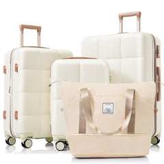 Luggage Sets 4 Piece, ABS Durable Suitcase with Travel Bag, Cup Holder, ABS Hard Shell Luggage with Spinner Wheels, white