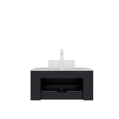 DINA 30" Bathroom Vanity with Sink, Modern Wall-Mounted Floating Curved Edges Striped Bathroom Storage Cabinet with a Drawer, White Round Ceramic Basin without Faucet, Pre-assembled, Black Color
