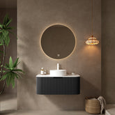DINA 36" Bathroom Vanity with Sink, Modern Wall-Mounted Floating Curved Edges Striped Bathroom Storage Cabinet with a Drawer, White Round Ceramic Basin without Faucet, Pre-assembled, Black Color