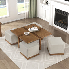 Contemporary Square Cocktail Table Set with 4x Upholstered Stools Brown Finish Wooden Furniture Coffee Table 1pc