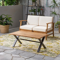 Outdoor Acacia Wood Coffee Table, Teak Finish / Rustic Metal,Black and Brown, 18'' H X 27.25'' W X 43.25'' L