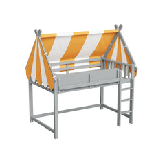 Twin Size Loft Bed with Canopy, LED Lights & Book Shelf, Gray