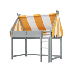 Twin Size Loft Bed with Canopy, LED Lights & Book Shelf, Gray