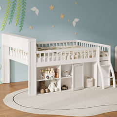 Queen Size Loft Bed with Storage, Headboard with LED Light, white