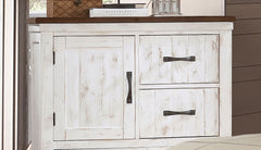 Modern Transitional Style 1pc Chest Metal Drawer Handles Four Drawers And One Cabinet Plank Design Distressed White And Walnut Finish