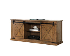 Rustic Style TV Console Base Sliding Doors Metal Accents Multiple Open Storage Shelves X-Design Front Doors Dark Oak Finish