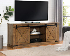Rustic Style TV Console Base Sliding Doors Metal Accents Multiple Open Storage Shelves X-Design Front Doors Dark Oak Finish