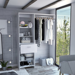 Hybrid Closet System, Five Open Shelves, One Drawer, Metal Rod