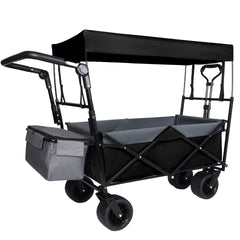 With Push Handle, 480Lbs Collapsible Wagon with Canopy, Wagon cart with 7" All-Terrain Wheels, Lightweight Foldable Wagon, Large Capacity for Camping, Shopping, Sports, and Garden Use, black