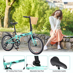 20 Inch Folding Bike for Adults with Basket, Phone Holder & Fenders, Steel Frame 6-Speed City Commuter, Dual V-Brake Portable Compact Bicycle for Men & Women