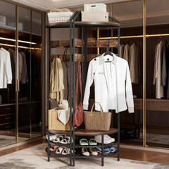 Coat Rack Corner Hall Tree, Industrial 4-Tier Coat Rack with Shoe Storage, 8 Movable Hooks and 2 Shelves