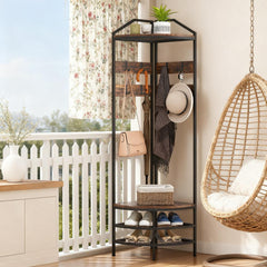 Coat Rack Corner Hall Tree, Industrial 4-Tier Coat Rack with Shoe Storage, 8 Movable Hooks and 2 Shelves