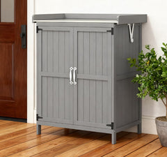 Wooden Potting Bench with 2 Doors,Outdoor Storage Cabinet,Garden Tool Shed with Metal Tabletop and Shelf