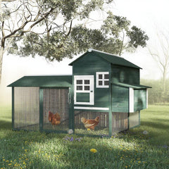 Chicken Coop Hen House Outdoor with Run Nesting Box, Asphalt Roof, Removable Tray Wooden