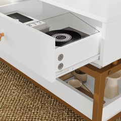 Coffee Tables for Living Room, 39.4" Modern Coffee Table with 2 Drawers and Open Shelf, Wood Center Table with Storage and Gold Metal Frame, White