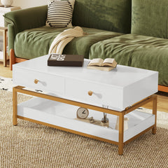 Coffee Tables for Living Room, 39.4" Modern Coffee Table with 2 Drawers and Open Shelf, Wood Center Table with Storage and Gold Metal Frame, White
