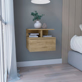 Floating Nightstand 12"H, Wall Mounted with Single Drawer and 2-Tier Shelf, Macadamia