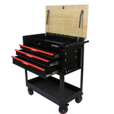 3 DRAWERS MULTIFUNCTIONAL TOOL CART WITH WHEELS AND WOODEN TOP--BLACK&RED