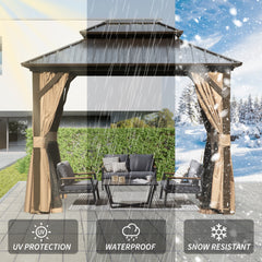 8' x 10' Hardtop Gazebo Permanent Metal Gazebo with Galvanized Steel Double Roof, Curtains and Netting for Party, Wedding, Outdoor Dining, Patio, Backyard, Brown