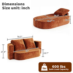 78.7" Full Size Floor Sofa, Folding Queen Sleeper Couch, Futon Loveseat Sofa, Plush Corduroy Foam-Filled Sleeper Couch Bed, Fold Mattress Bed for Living Room, Guest Use, Office, Apartment,Rust red