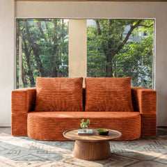78.7" Full Size Floor Sofa, Folding Queen Sleeper Couch, Futon Loveseat Sofa, Plush Corduroy Foam-Filled Sleeper Couch Bed, Fold Mattress Bed for Living Room, Guest Use, Office, Apartment,Rust red