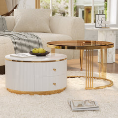 Modern 2 Pieces Round Nesting Coffee Table with Drawers and Brown Tempered Glass Top in 27.6''
