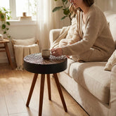15.7-inch Round Coffee Table with Carved Top, Ideal Small Drink Table for Small Spaces, Modern Accent Nightstand, Suitable for Living Room, Bedroom, Corner and Office (Black+Brown)
