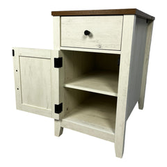 Farmhouse End Table with Charging Station,Night Stand with Barn Door and Drawer, Storage for Bedroom Living Room ,Bedside Table, Bedside Table Brown+white color