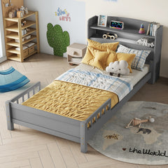 Twin Pine Wood Bed with Bookcase Headboard ,LED Motion Sensor Light, Guardrails,Grey