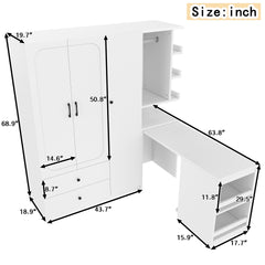 Multifunctional Wardrobe with 2 Doors and Hanging Rod, Wooden clothes closet with Convertible Desk and Storage Drawers, Multi-storage Spaces, for Bedroom, Cloak Room, Laundry, White