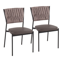Braided Tania Contemporary Chair in Black Metal, Grey Faux Leather, and Light Brown Fabric by LumiSource - Set of 2