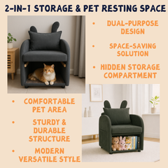 Dark Gray Bunny-Ear Pet-Friendly Armchair with Scratch-Resistant Fabric, Built-in Cat & Dog Hideaway, Dual-Use Sofa Chair with Side Pocket, 27.4 x 25.2 x 37.4 inch