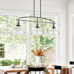 45" Industrial 3-Light Pendant Chandelier with Clear Glass Shades, Black Metal Frame, Adjustable Height, Modern Farmhouse Lighting for Kitchen Island, Dining Room, or Living Room (Bulb Not Included)